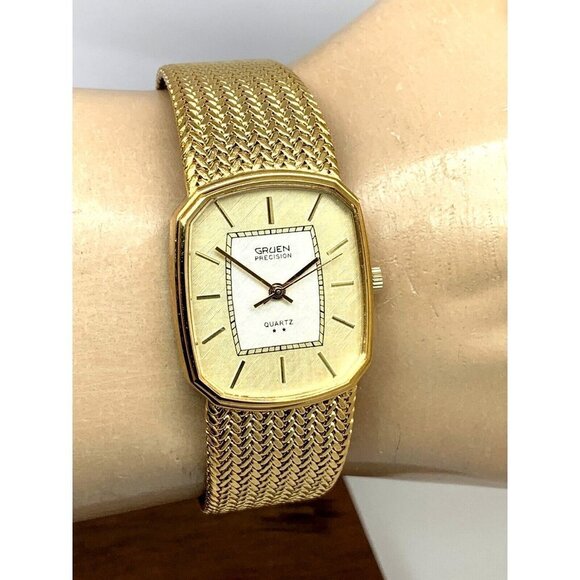 Gruen Unisex Watch 2 Star Quartz Gold Dial Rectangular Mesh Stainless St… - Picture 8 of 12